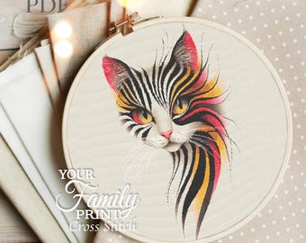 Modèle de point de croix abstrait chat zèbre : art coloré (Modèle PDF)