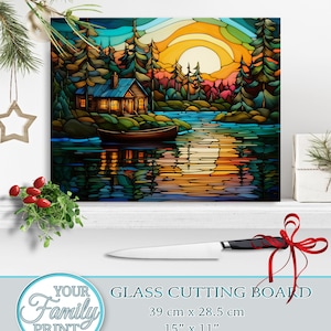 Stained Glass Rectangular Woodland Lake Glass Cutting board,Chopping Board Aesthetic Kitchen Decor,Christmas Gift for her,Housewarming Gift