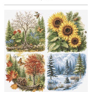 May include: A cross-stitch pattern titled Four Seasons Woodland Garden by MariskaArt. The design features four quadrants depicting seasonal landscapes: a spring tree with flowers, summer sunflowers, an autumn forest with leaves, and a snowy winter scene.