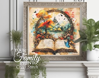 May include: A framed cross stitch pattern featuring an open book with handwritten text, a blue butterfly, and a landscape with a castle, trees, and birds inside an oval frame. The artwork displays vibrant orange, yellow, and green colors.