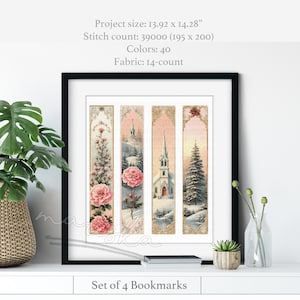 May include: A set of 4 bookmarks in a black frame, featuring cross-stitch designs of pink flowers, snowy landscapes, a church, and a pine tree. Text includes: Project size: 13.92 x 14.28", Stitch count: 39000 (195 x 200), Colors: 40, Fabric: 14-count.