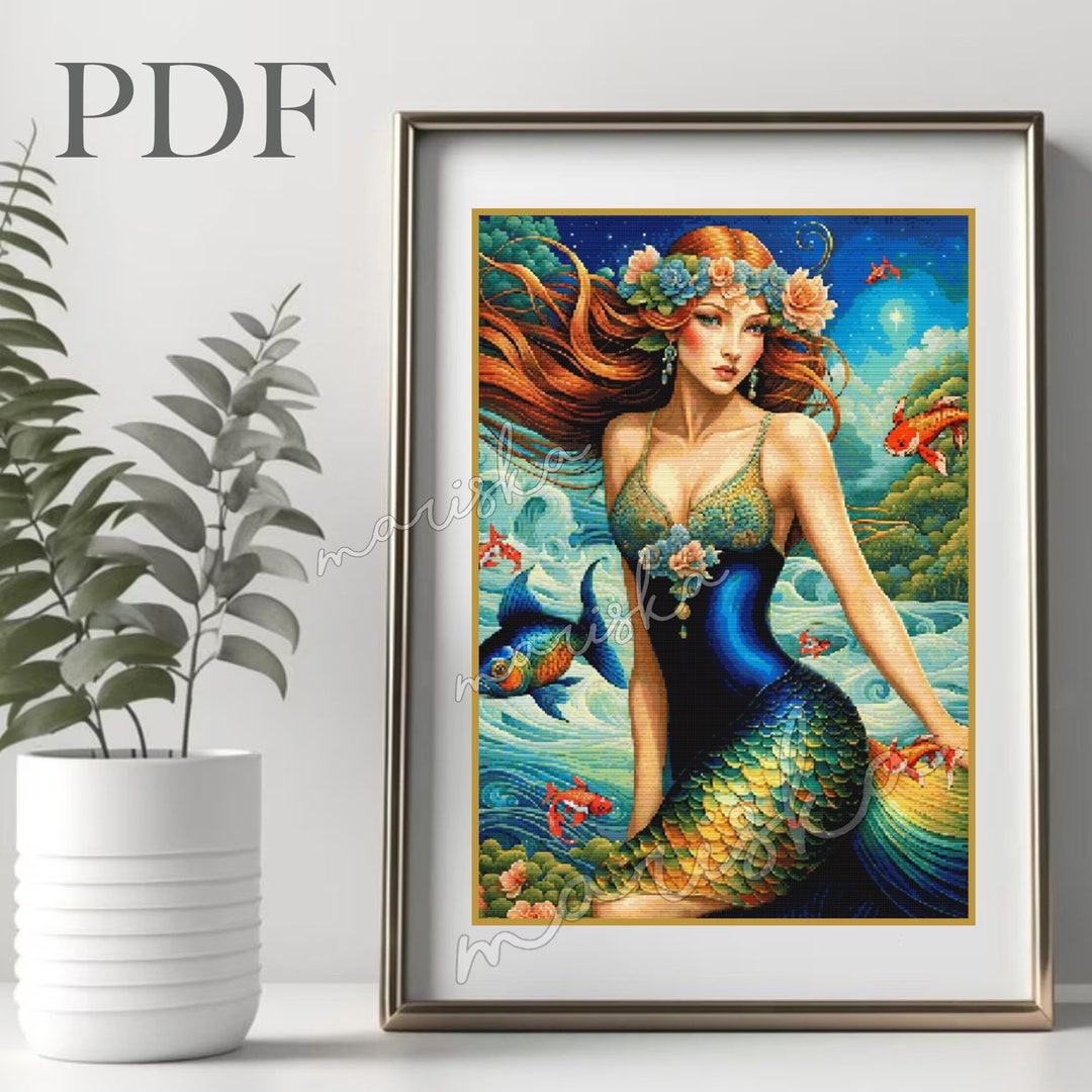 Mermaid Cross Stitch Pattern: Full Coverage Flowers (PDF Download ...