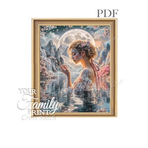 May include: A framed print featuring a woman in a serene water scene, with a full moon in the background. The artwork has a soft, dreamlike quality, with pastel colors and floral accents. The text "PDF" is in the upper right corner, and "YOUR Family PRINT Cross Stitch" is in the lower left.