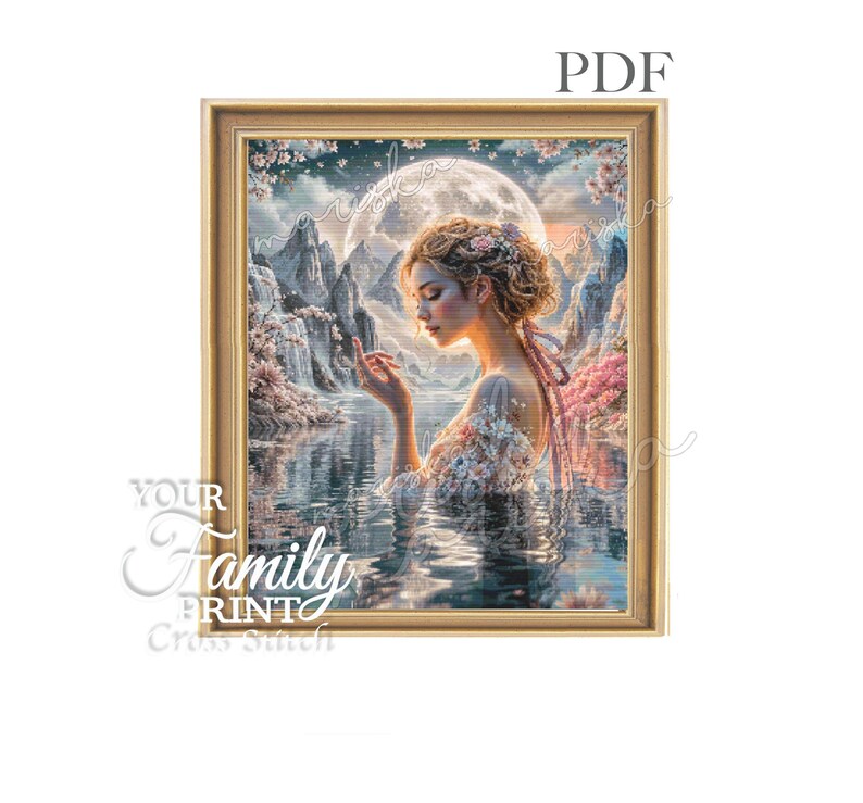 May include: A framed print featuring a woman in a serene water scene, with a full moon in the background. The artwork has a soft, dreamlike quality, with pastel colors and floral accents. The text "PDF" is in the upper right corner, and "YOUR Family PRINT Cross Stitch" is in the lower left.
