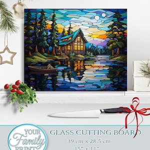 Stained Glass Rectangular Woodland Lake Glass Cutting board,Chopping Board Aesthetic Kitchen Decor,Christmas Gift for her,Housewarming Gift