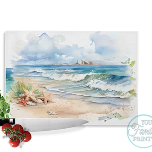 Stained Glass Rectangular Beach02 Glass Cutting board,Chopping Board Aesthetic Kitchen Decor, Gift for her, Gift for Mum, Housewarming Gift