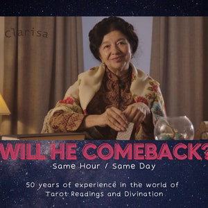 Könnte beinhalten: Eine Frau mit dunklen Haaren und einem floralen Schal sitzt an einem Tisch mit einer brennenden Kerze und einer Glaskugel. Der Text "WILL HE COMEBACK?" steht in großen pinkfarbenen Buchstaben mit dem Slogan "Same Hour / Same Day". Unter dem Slogan steht der Text "50 years of experience in the world of Tarot Readings and Divination."