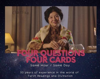 Può includere: Una donna con i capelli scuri e uno scialle con motivi floreali è seduta davanti a uno sfondo blu scuro con stelle. Il testo "FOUR QUESTIONS FOUR CARDS" è in lettere rosa. Il testo "Same Hour / Same Day" è sotto il testo rosa. Il testo "50 years of experience in the world of Tarot Readings and Divination" è sotto la seconda riga di testo.