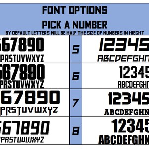 以下が含まれることがあります： 数字と文字のフォントオプションが8つあるチャート。チャートは8行に分かれており、各行は異なるフォントスタイルを示しています。チャートの左側には1から8までの数字がリストされており、各フォントスタイルには1から9までの数字とAからZまでのアルファベットが表示されています。チャートの上部には「FONT OPTIONS」というテキストがあり、その下に「PICK A NUMBER」というテキストがあります。「BY DEFAULT LETTERS WILL BE HALF THE SIZE OF NUMBERS IN HEIGHT」というテキストはタイトルの下にあります。