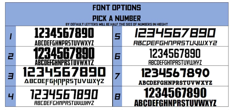 以下が含まれることがあります： 数字と文字のフォントオプションが8つあるチャート。チャートは8行に分かれており、各行は異なるフォントスタイルを示しています。チャートの左側には1から8までの数字がリストされており、各フォントスタイルには1から9までの数字とAからZまでのアルファベットが表示されています。チャートの上部には「FONT OPTIONS」というテキストがあり、その下に「PICK A NUMBER」というテキストがあります。「BY DEFAULT LETTERS WILL BE HALF THE SIZE OF NUMBERS IN HEIGHT」というテキストはタイトルの下にあります。