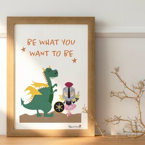 Impression imprimée pour enfants, illustration danseuse guerrière et dragon, art mural, feuille décorative, phrases de motivation, feuilles originales pour