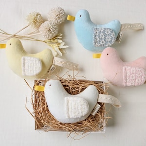 Könnte beinhalten: Vier Plüschvogelspielzeuge in einem Nest. Die Vögel sind gelb, blau, rosa und weiß. Jeder Vogel hat einen gelben Schnabel und einen weißen Flügel.