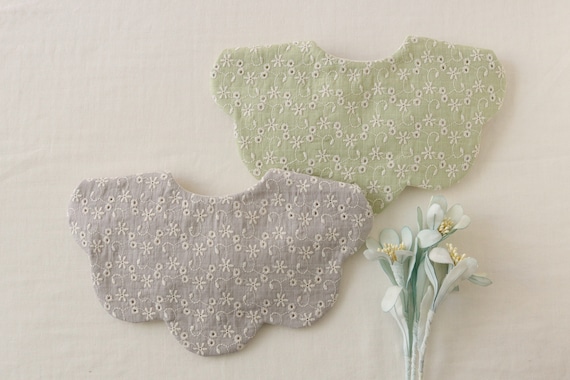 Flower Embroidered Baby Bib: Scalloped Collar, Handmade Cotton