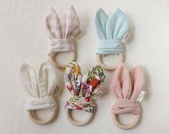 Wood Ring Teether, Crinkle Baby Toy, Rabbit ear