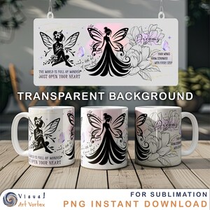 Puede incluir: Tazas de cerámica blanca con diseños de hadas y citas inspiradoras. Las tazas presentan ilustraciones de hadas en blanco y negro, detalles florales y el texto "Dreams". El diseño es adecuado para la sublimación.