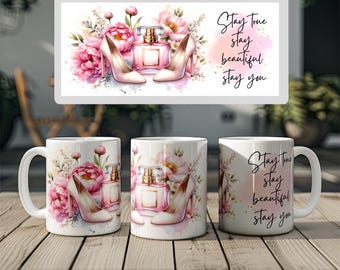 Caneca de café com design de amor próprio: sapato floral e perfume PNG (download digital)