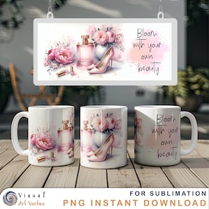 Caneca com frase de amor próprio PNG - Caneca de café motivacional rosa de 11 oz e 15 oz com design de sublimação - Download digital para afirmações e presentes