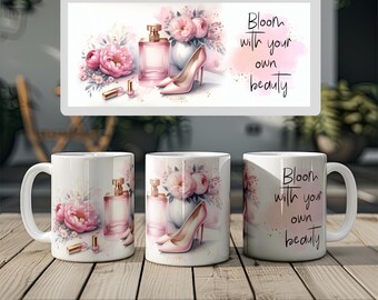 Caneca Floral com Estampa de Amor Próprio: Caneca de Café Rosa para Sublimação (Download Digital)