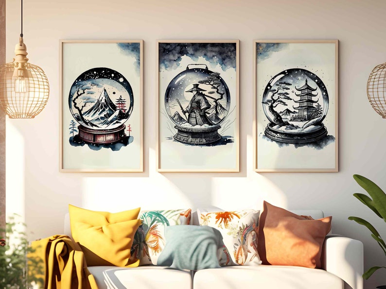 Set of 3 Japanese Inspired Prints. Christmas Snow Globes. Etsy