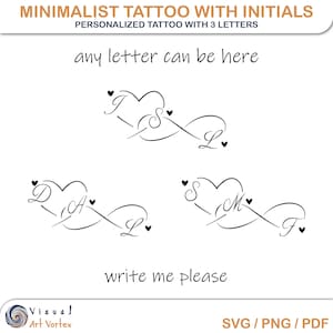 Personalized Minimalist Tattoo Printable Stencil. Heart Outline Images With 3 Initials. Instant Digital Download.