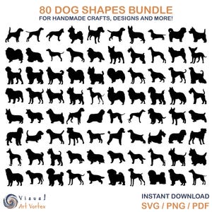 Dog Breed Silhouette SVG Bundle: 80 Shapes Clipart (Digital Download)