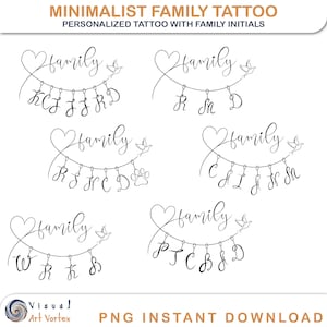Personalized Minimalist Tattoo - Printable Stencil Digital Download - Images Of Family Initials