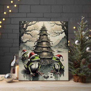 Japanese inspired &quot;Christmas is coming&quot; print. Kawaii Frog Painting in Japanese Miniature Style. Christmas and New Year decor.