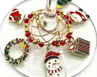 Weihnachten Weinglas Charms, Weihnachten Weinglas Charms, Urlaub Weinglas Charms, Santa Schneemann Wein Charms, Feiertagspartys, 6 pk