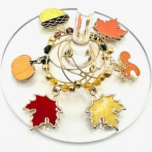 Fall Leaves Wine Charms, Autumn Wine Charms, Thanksgiving Wine Charms, Pumpkin Wine Charms, Squirrel Charms, Wine Glass Decor - Set Of 6