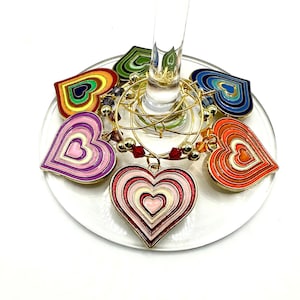 Retro Hearts Wine Charms, Valentine Wine Charms, Love Wine Charms, Love Hearts Wine Charms, Wine Glass Decor - Set Of 6