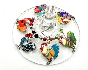 Chicken Wine Charms, Wine Charms, Rooster Wine Charms, Farm Animal Wine Charms, Wine Glass Decor,Wine Glass Decoration - Set Of 6