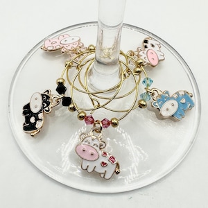 Kuh Wein Charms, Bauernhof Tier Wein Charms, Gefleckte Kuh Wein Charms, Tier Wein Charms, Weinglas Dekor - Set von 5