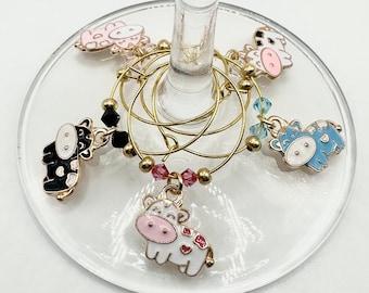 Kuh Wein Charms, Bauernhof Tier Wein Charms, gefleckte Kuh Wein Charms, Tier Wein Charms, Wein Glas Dekor - Set von 5