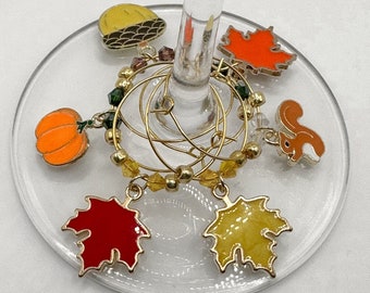Fall Leaves Wine Charms, Autumn Wine Charms, Thanksgiving Wine Charms, Pumpkin Wine Charms, Squirrel Charms, Wine Glass Decor - Set Of 6