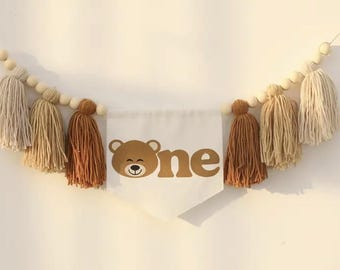 Bear One Tan Tassel High Chair Banner, 1st Birthday, Birthday  Backdrop, One Banner, Boy 1st Birthday, Yarn Tassel Garland, Boy Banner