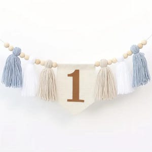 Blue Tan Tassel High Chair Banner, 1st Birthday, Birthday Photo Backdrop, One Banner, Boy 1st Birthday, Yarn Tassel Garland, Boy Blue Banner