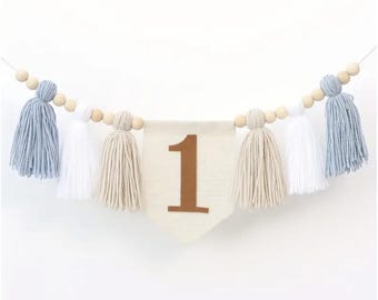 Blue Tan Tassel High Chair Banner, 1st Birthday, Birthday Photo Backdrop, One Banner, Boy 1st Birthday, Yarn Tassel Garland, Boy Blue Banner