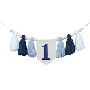 Blue Tassel High Chair Banner, 1st Birthday, Birthday Photo Backdrop, One Banner, Boy 1st Birthday, Yarn Tassel Garland, Boy Blue Banner