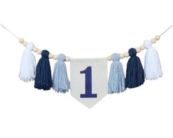 Blue Tassel High Chair Banner, 1st Birthday, Birthday Photo Backdrop, One Banner, Boy 1st Birthday, Yarn Tassel Garland, Boy Blue Banner