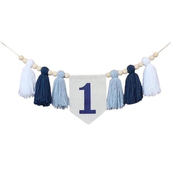 Blue Tassel High Chair Banner, 1st Birthday, Birthday Photo Backdrop, One Banner, Boy 1st Birthday, Yarn Tassel Garland, Boy Blue Banner