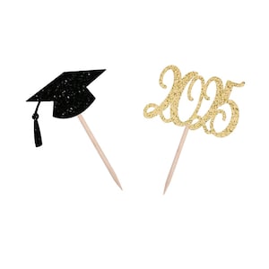 2025 afstuderen en hoed cupcakestekkers, klasse van 2025, 2025 afstudeerstekkers, middelbare school afstuderen, college afstuderen, 2025 cupcakestekkers