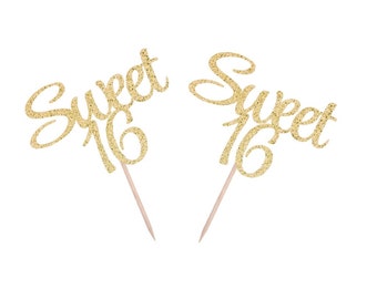 Sweet 16 Cupcake Picks, Sweet 16th Birthday, Birthday Glitter Cupcake Picks, Sweet 16 Party Decor, 16th Birthday Cupcake Picks, 16th Party