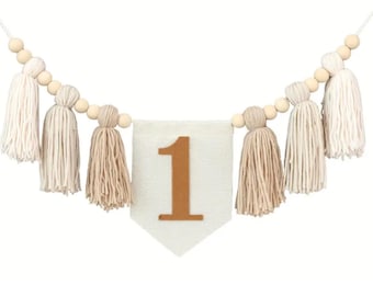 White Tan Tassel High Chair Banner, 1st Birthday, Birthday Photo Backdrop, One Banner, Boy 1st Birthday, Yarn Tassel Garland, Boy Banner