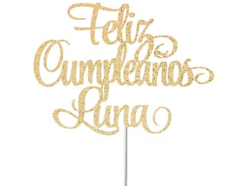 Personalized En Espanol Name Happy Birthday Cake Topper, Birthday Glitter Cake Topper, Birthday Party Decor, Spanish Birthda