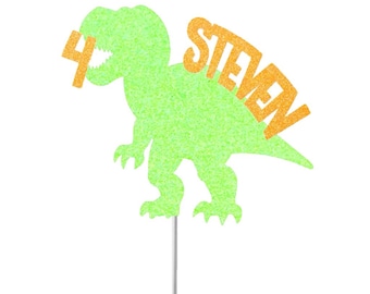 ANY AGE & Name Dinosaur Cake Topper, Dinosaur Glitter Cake Topper, Birthday Decor, Child Birthday, Glitter Topper, Dinosaur Name Age Topper