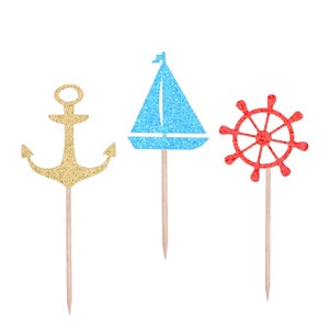 Nautical Cupcake Picks, Boating Party Decor, Boat Theme Cupcake Picks, Party Cupcake Picks, Appetizer Anchor Party Picks, Boy Boat Party