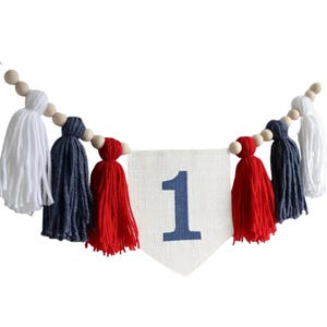 Red, White & Blue Tassel High Chair Banner, 1st Birthday, Birthday Photo Backdrop, One Banner, Boy 1st Birthday, Yarn Tassel Garland