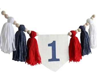 Rot, Weiß & Blau Quaste Hochstuhl Banner, 1. Geburtstag, Geburtstag Foto Hintergrund, Ein Banner, Junge 1. Geburtstag, Garn Quastengirlande