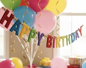 May include: A colorful Happy Birthday banner featuring individual block letters in red, blue, yellow, green, and purple, strung together with small wooden beads. The banner is positioned in front of a cluster of vibrant balloons in various colors.