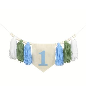 Blue Green White Tassel High Chair Banner, 1st Birthday, Birthday Photo Backdrop, One Banner, Boy Birthday, Yarn Tassel Garland, Boy Banner